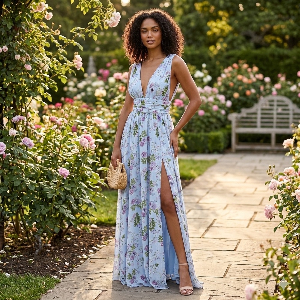 Floral V-Neck Maxi Dress with Side Slit - Light Blue